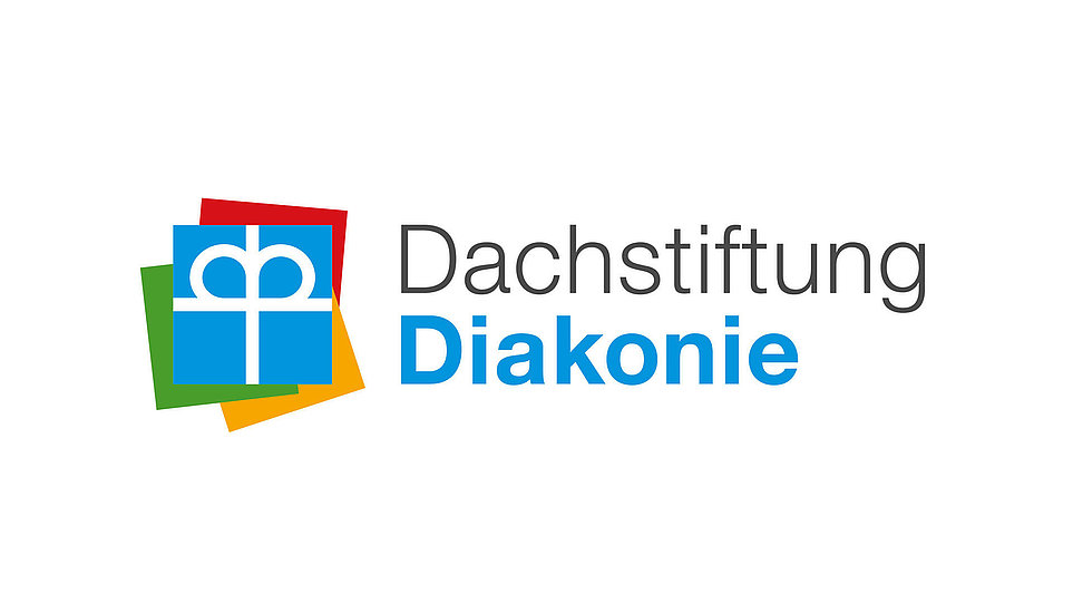 Logo der Dachstiftung Diakonie mit farbigem Geschenk-Symbol